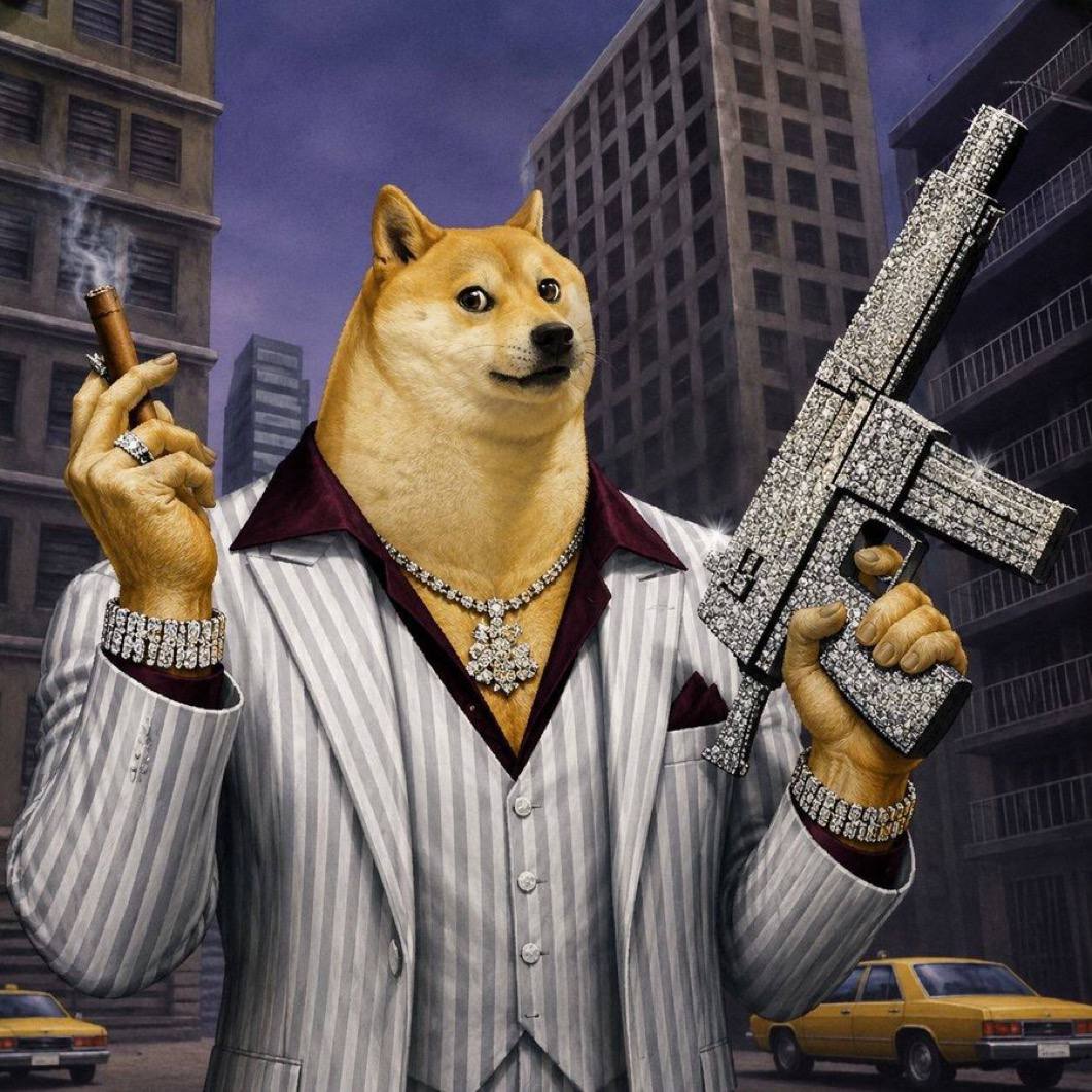 Swogedoge in a pinstripe suit in the city