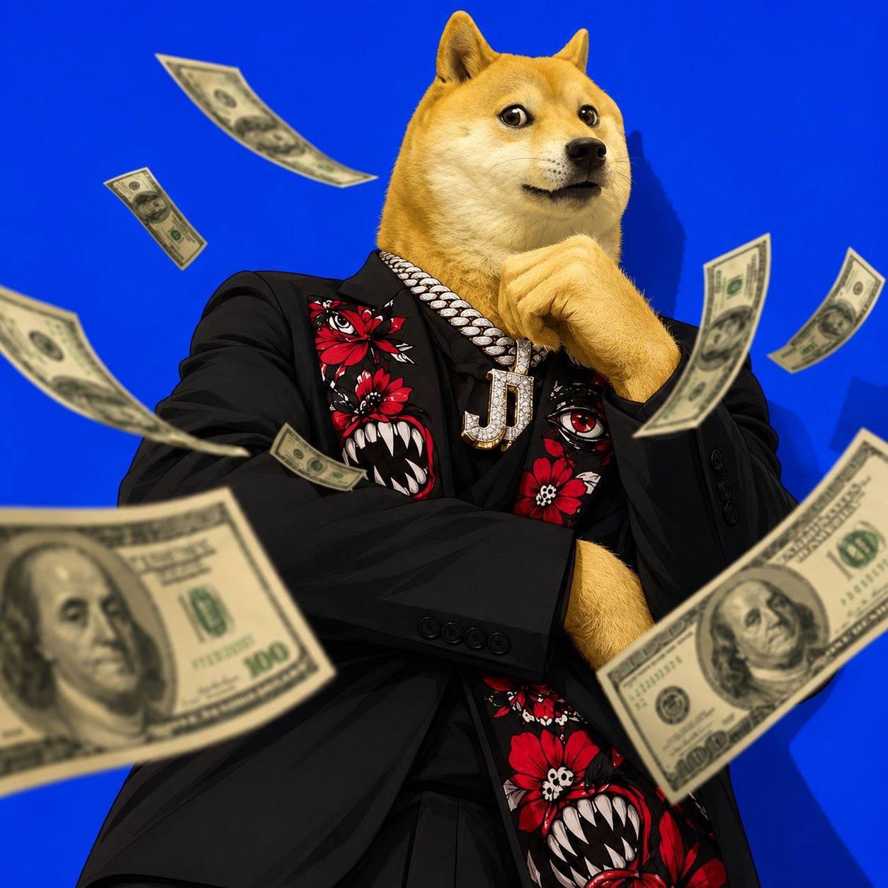 Swogedoge in a tailored black suit with cash in the air